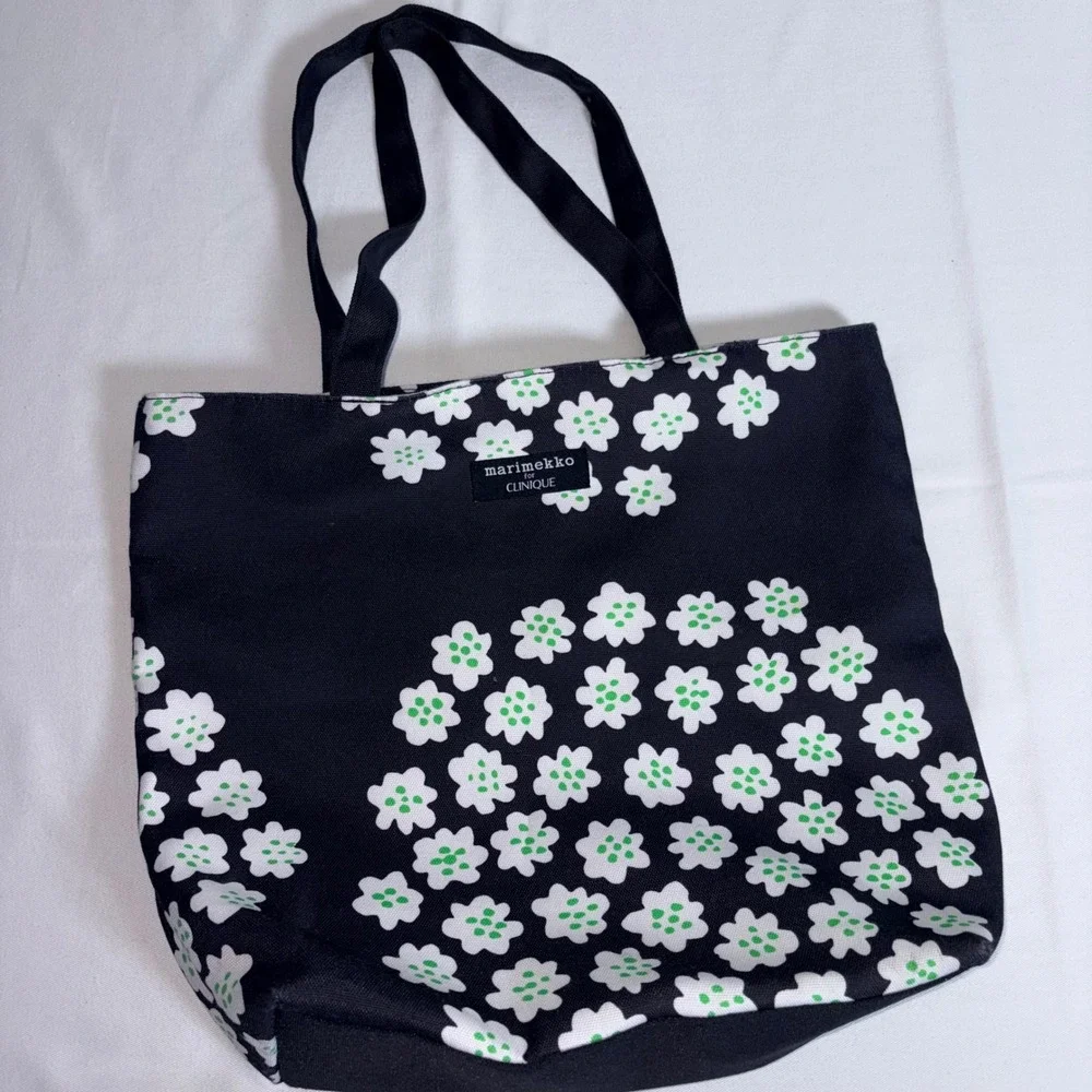 Marimekko for Clinique Tote Bag OS Black Floral Excellent Canvas Shopper Handbag
